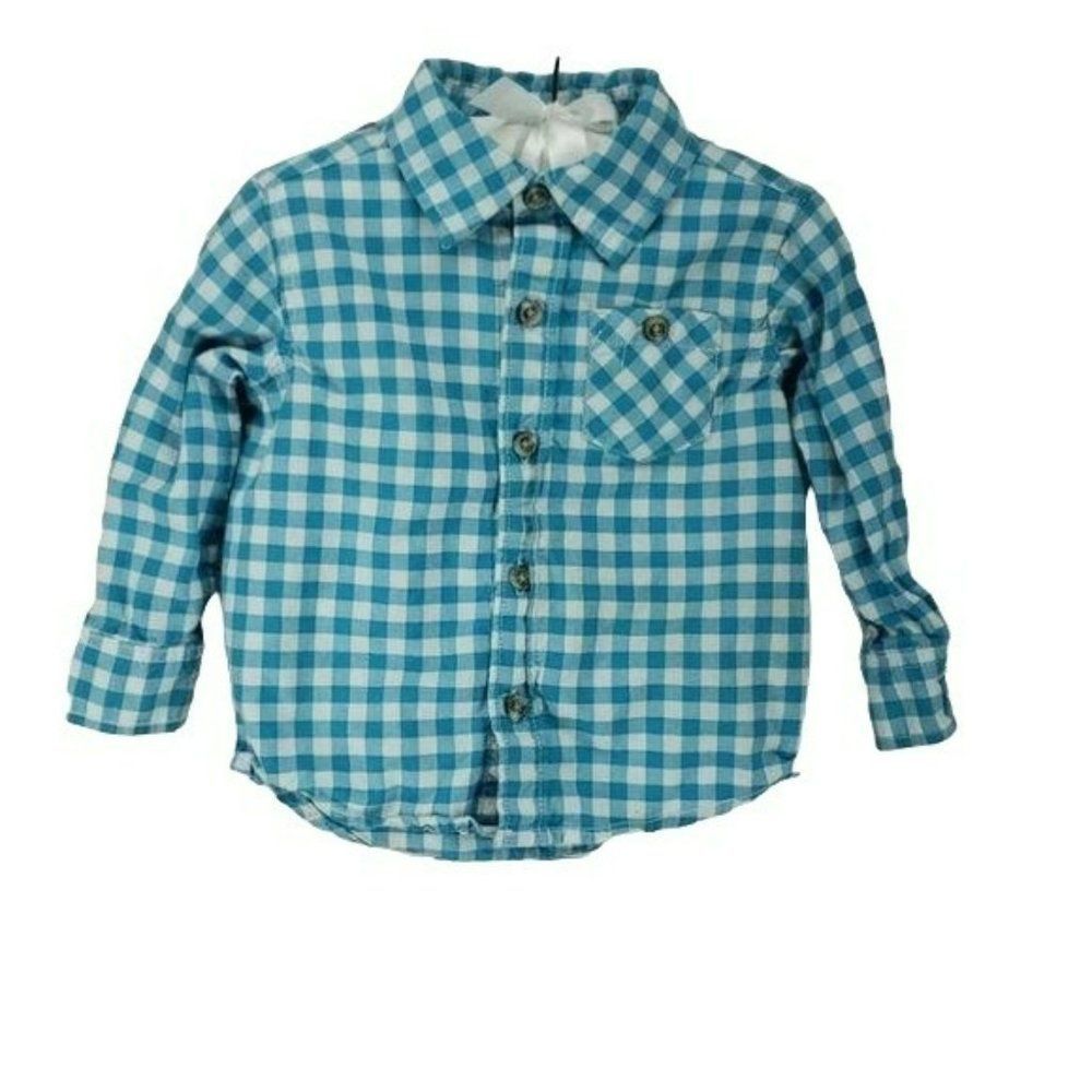 Wonder Kids Boys‎ Teal Blue Gingham Button Down Shirt 18 Months
